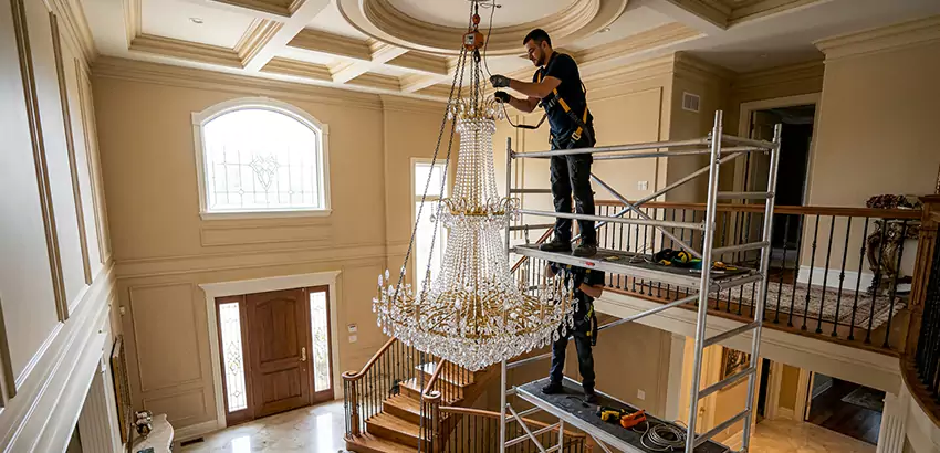 Two-Story Foyer Chandelier Installation in Malden